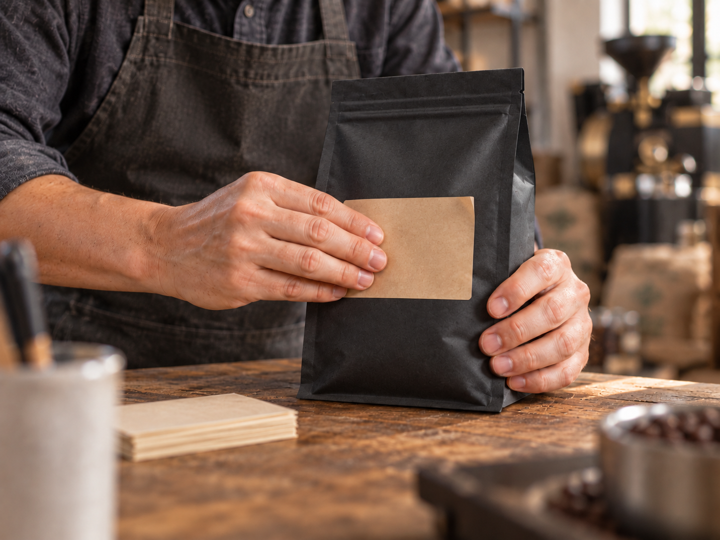 Hands applying a label to a coffee bag