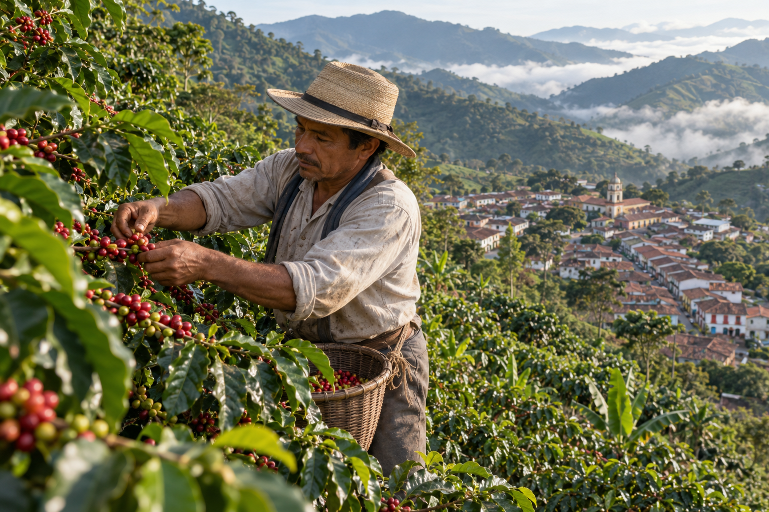 Coffee harvest on the hills above Apía, Colombia