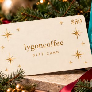 Cream LygonCoffee $80 gift card beside a bag of OmniSoul blend