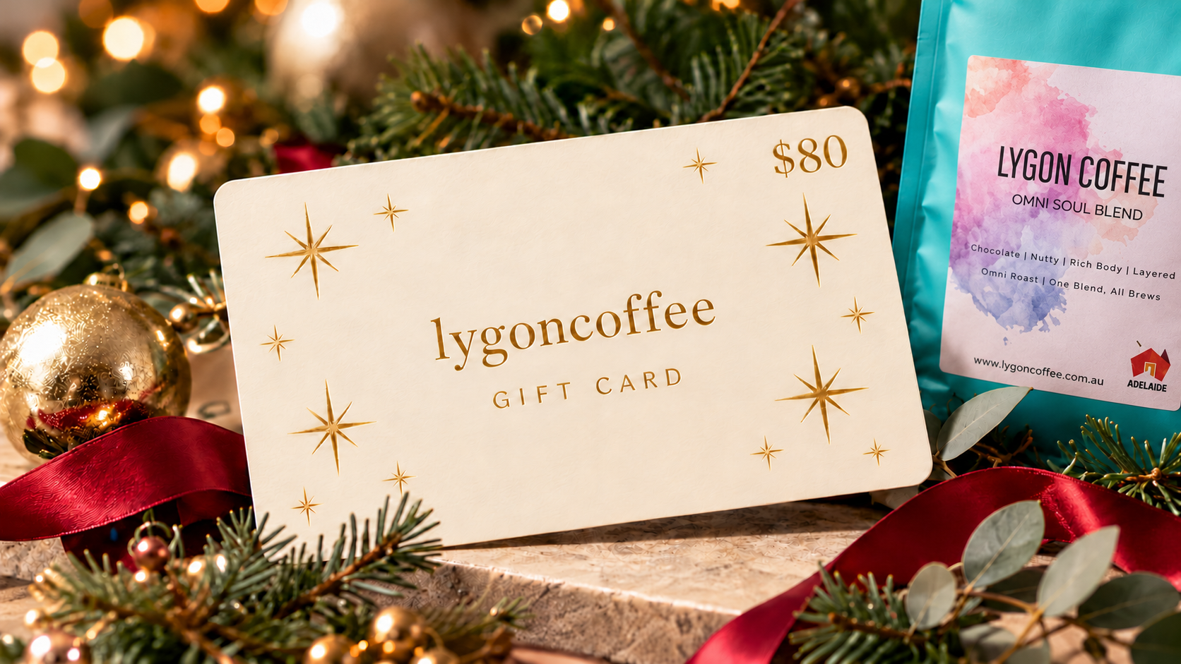 Cream LygonCoffee $80 gift card beside a bag of OmniSoul blend