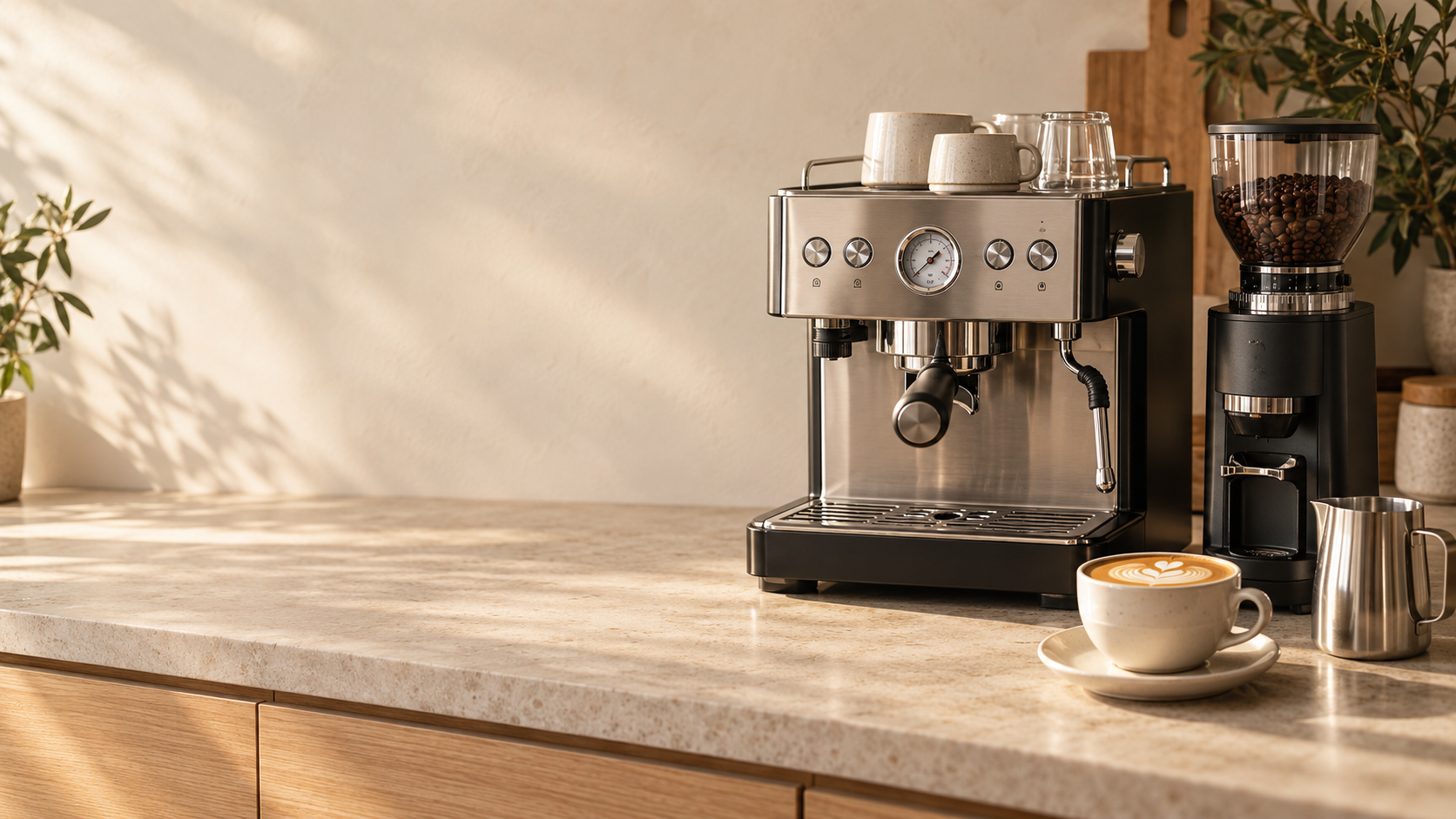 Espresso machine and grinder on a kitchen bench
