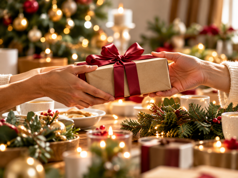 Hands passing a wrapped gift with a red ribbon across a festive table