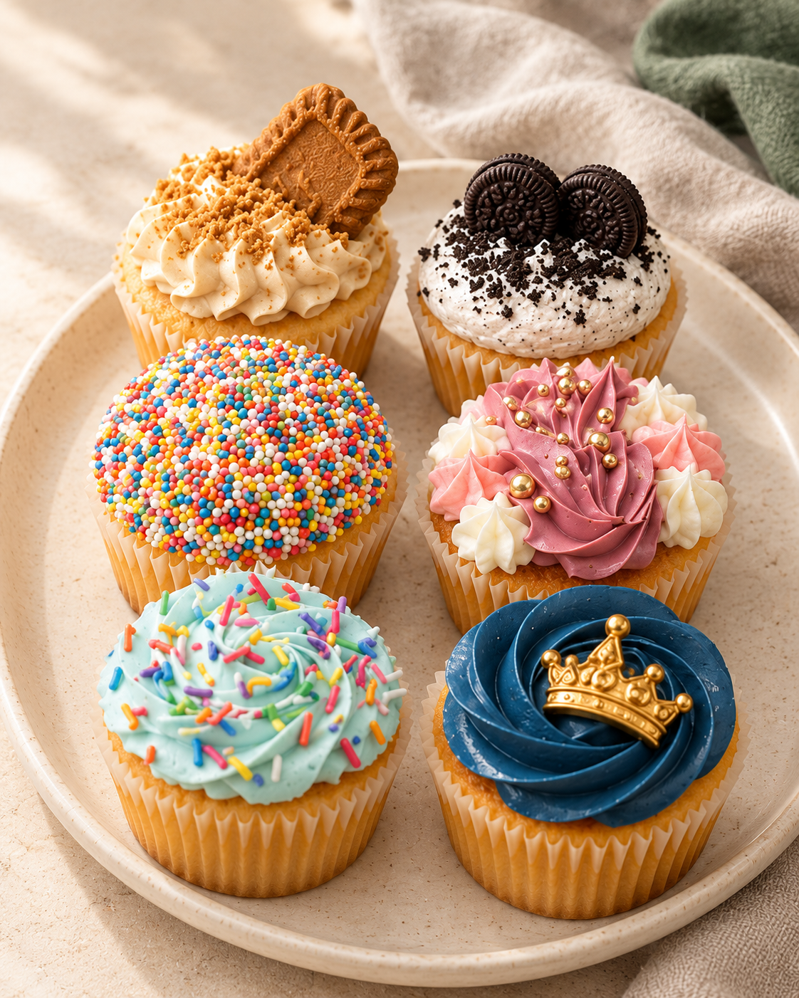 Seven handcrafted cupcakes on an ivory platter