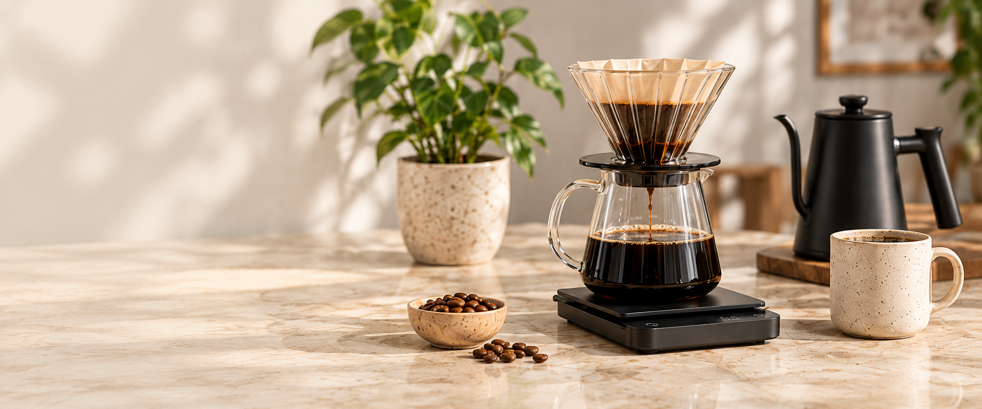 Pour-over brewer and scale on a sunlit bench