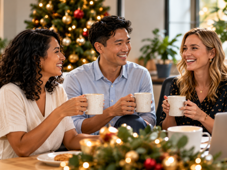 Three colleagues sharing coffee in an office decorated for Christmas