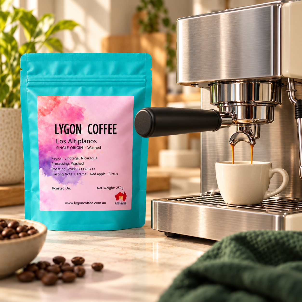 OmniSoul bag beside a home espresso machine